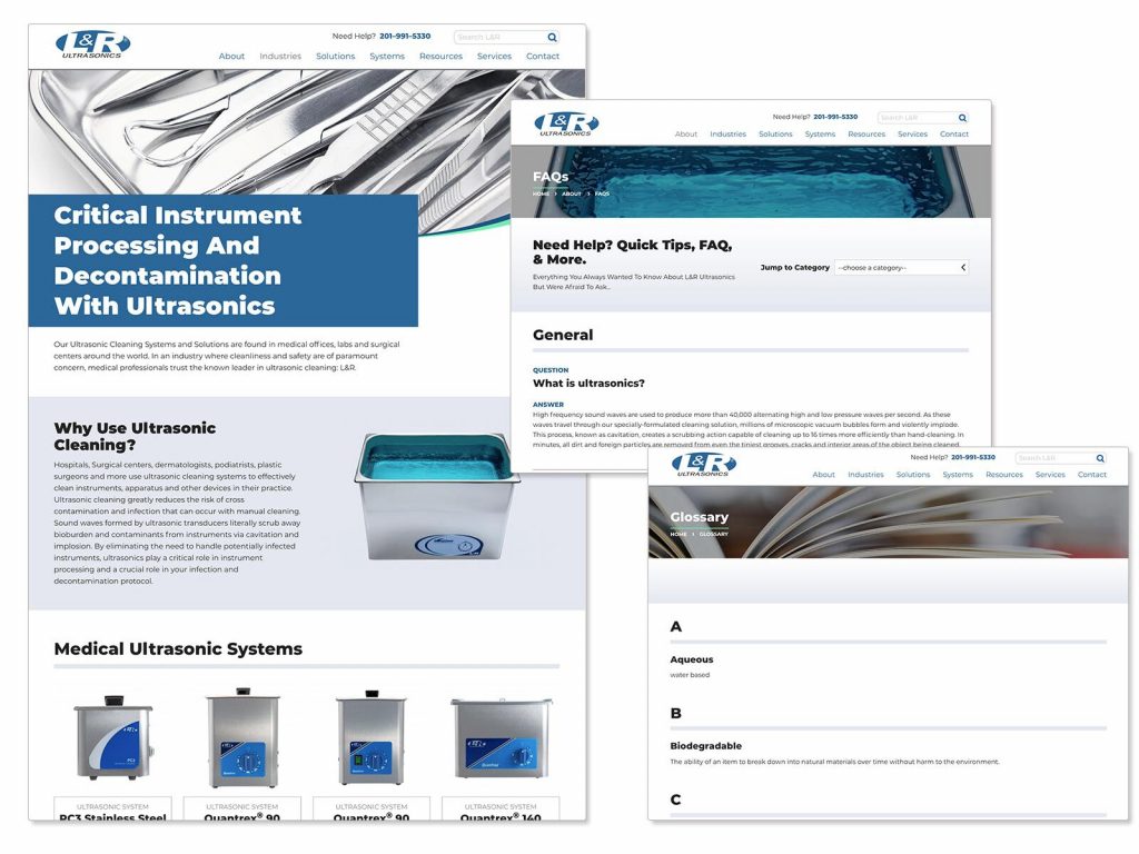 Layouts of pages built by Lform Design to increase the search engine optimization of L&R Ultrasonic's Website