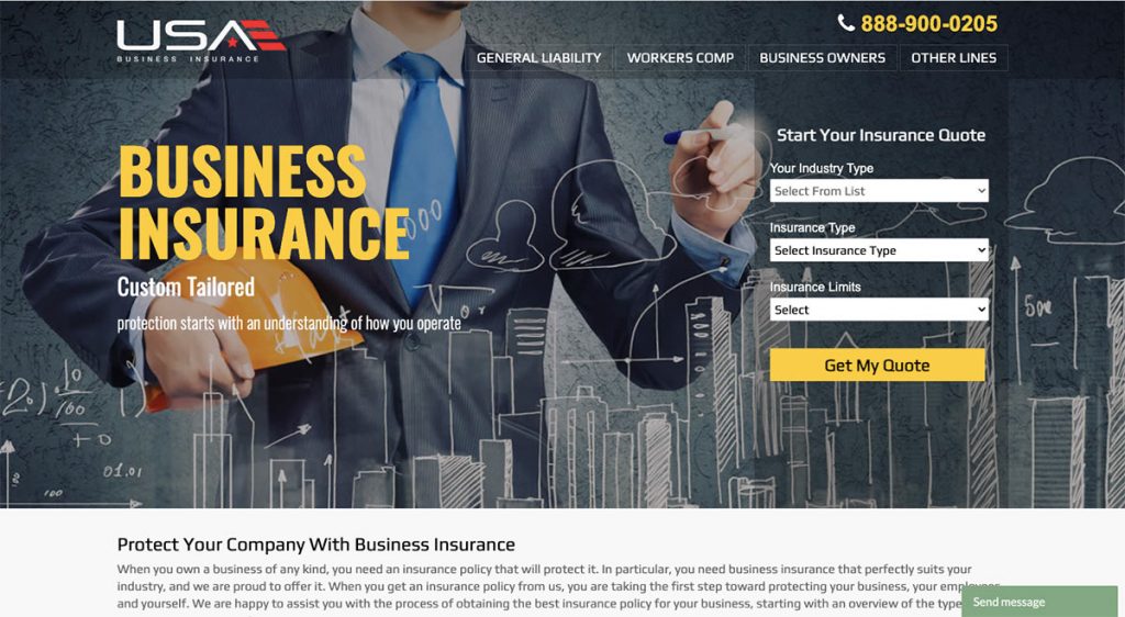 Screenshot of USA Business Insurance's website illustration a short "Get My Quote" form and submit button.