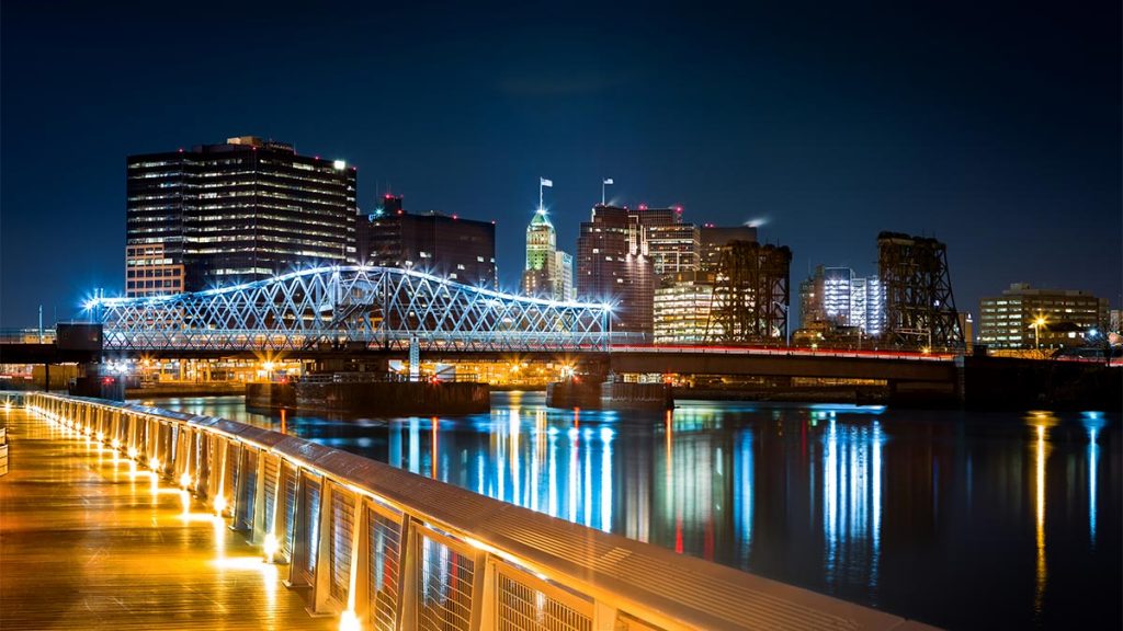 Skyline of Newark NJ at night from the Hudson Waterfront