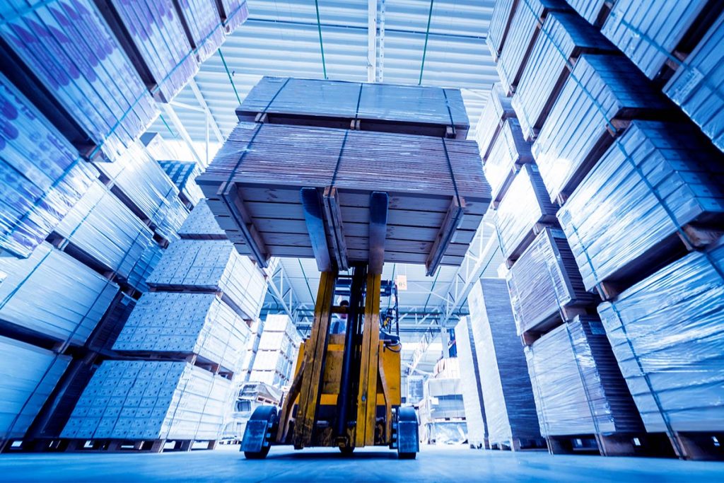 A forklift in a warehouse