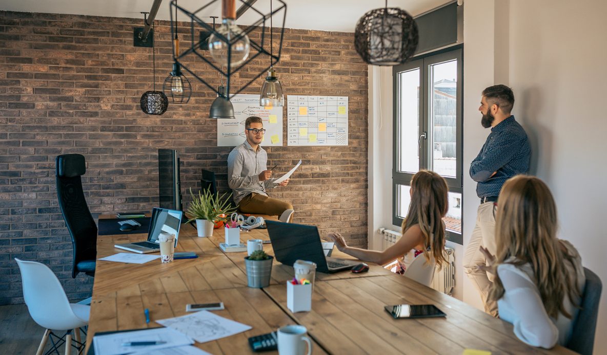 A startup team having a meeting