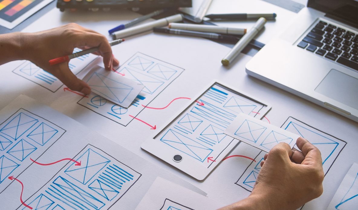 ux Graphic designer creative sketch planning application process development prototype wireframe for web mobile phone . User experience concept.