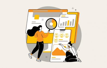 Illustration of two women looking at SEO data