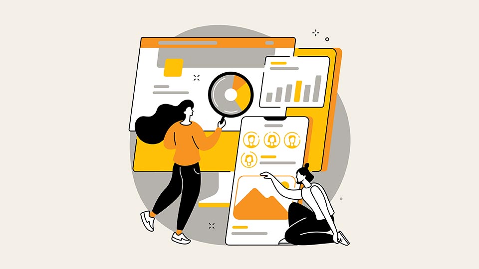 Illustration of two women looking at SEO data