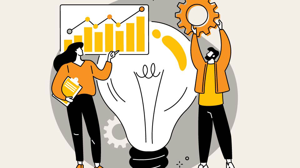 Illustration of a woman looking at a chart while a man holds a cog above is head. They are standing on either side of a lightbulb.