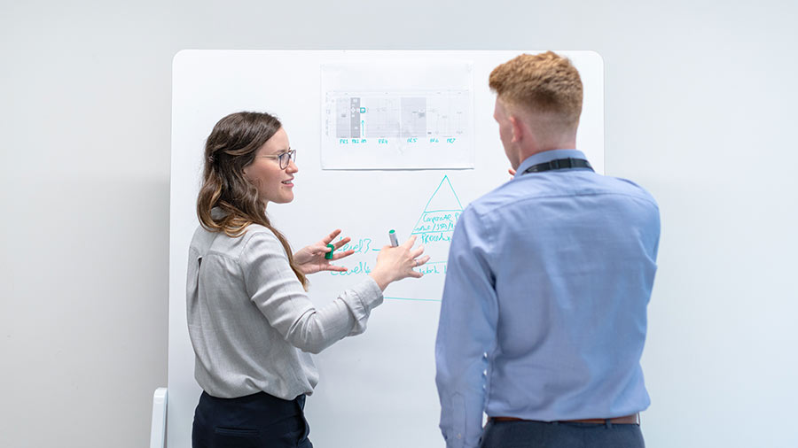 A woman and a man discuss a plan in front of a dry erase board.