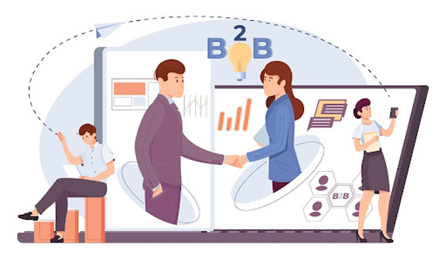  An illustration depicting a business-to-business (B2B) interaction. On the left, a man is seated on a stool holding a tablet, symbolizing remote communication. In the center, a man and a woman, emerging from digital devices, are shaking hands, representing a virtual business deal. The background includes charts, graphs, speech bubbles, and a "B2B" label with a light bulb symbol, signifying ideas and collaboration. On the right, a woman stands holding a smartphone, further emphasizing technology-driven communication.