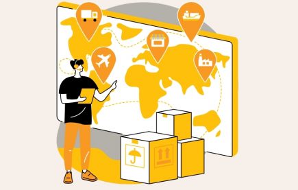 A flat-style illustration of a supply chain concept. A person with a headset and tablet stands in front of a world map marked with location pins showing different logistics stages — truck (shipping), airplane (air freight), storefront (retail/distribution), cargo ship (sea freight), and factory (manufacturing). Shipping boxes are stacked in the foreground. Color palette is yellow/orange, black, and off-white.