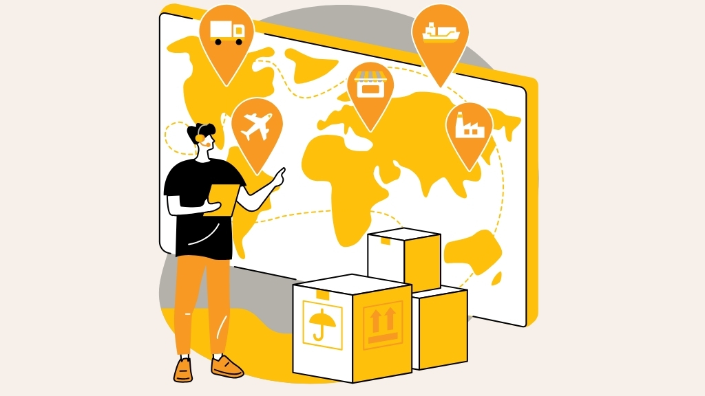 A flat-style illustration of a supply chain concept. A person with a headset and tablet stands in front of a world map marked with location pins showing different logistics stages — truck (shipping), airplane (air freight), storefront (retail/distribution), cargo ship (sea freight), and factory (manufacturing). Shipping boxes are stacked in the foreground. Color palette is yellow/orange, black, and off-white.