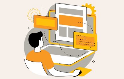Illustration of a web designer building a structured website layout with gear icons representing the manufacturing industry