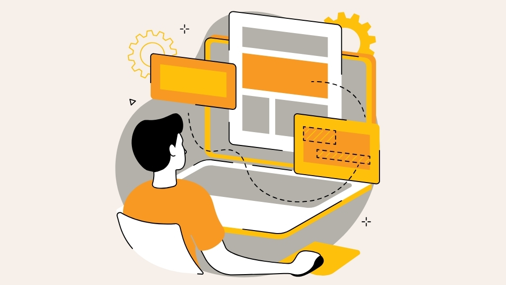 Illustration of a web designer building a structured website layout with gear icons representing the manufacturing industry