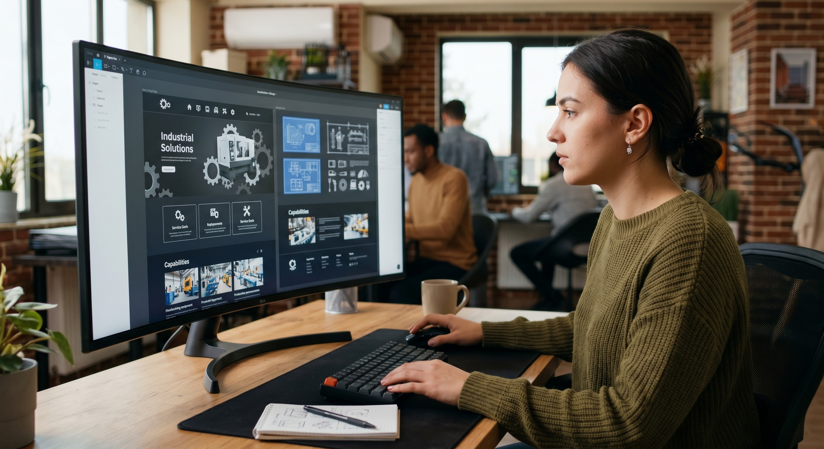 Web designer reviewing an industrial solutions website layout on a large monitor in a modern office