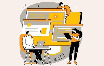 Illustration of two professionals working on B2B web design, with multiple website screens in the background