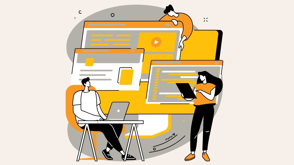 Illustration of two professionals working on B2B web design, with multiple website screens in the background