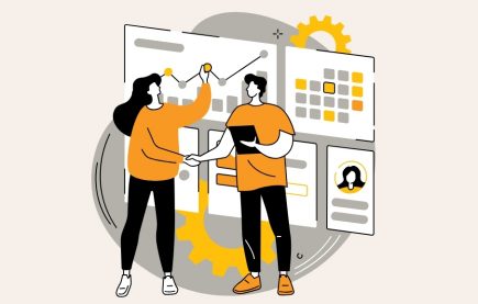 Illustration of two people collaborating on charts and data dashboards
