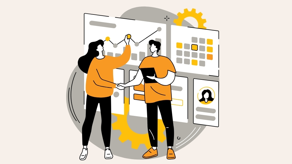 Illustration of two people collaborating on charts and data dashboards