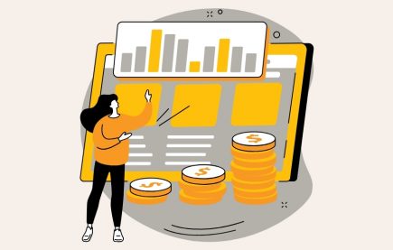 Illustration of a woman presenting a bar chart on a browser window, with stacked coins showing growing revenue in the foreground.