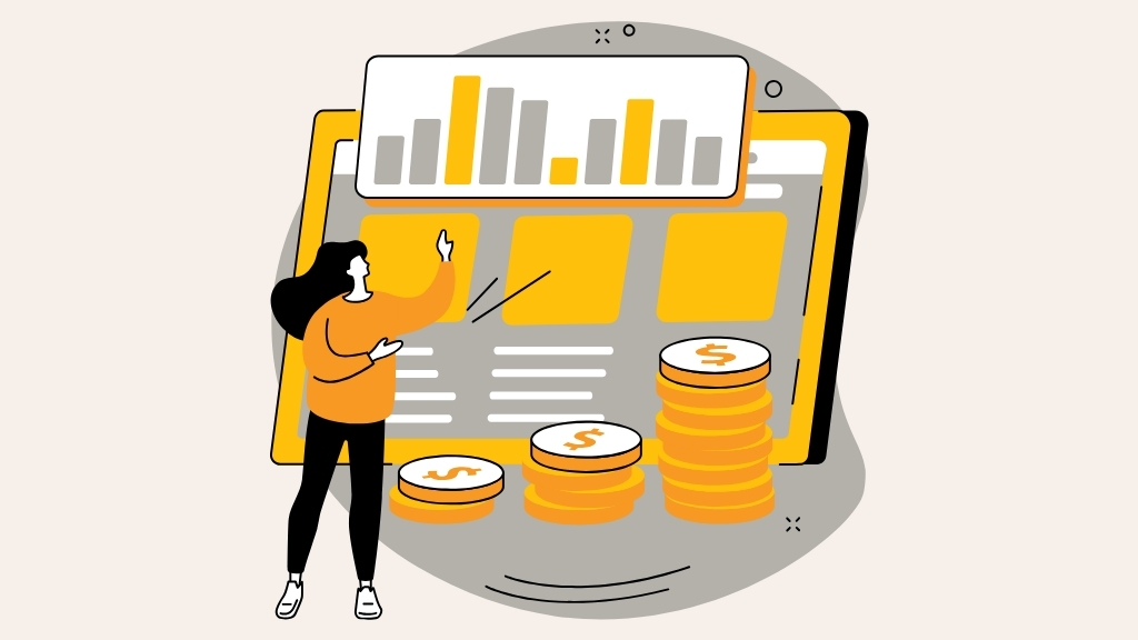 Illustration of a woman presenting a bar chart on a browser window, with stacked coins showing growing revenue in the foreground.