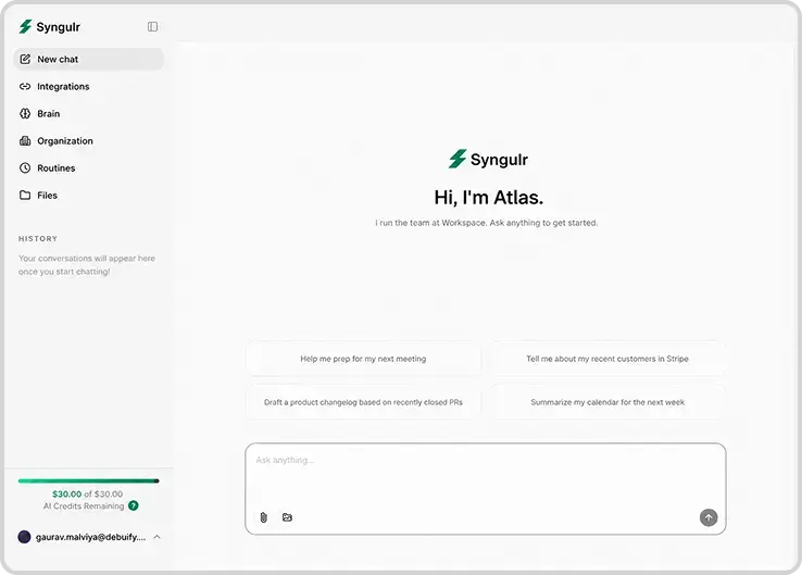 Syngulr AI assistant dashboard showing the Atlas chat interface with a sidebar menu and suggested prompts